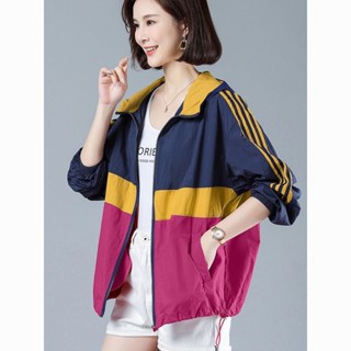 [Jaylee]大碼女裝胖mm時尚撞色連帽衛衣外套 帽衫外套 防曬衣 夏裝防曬服 防嗮外套 長袖上衣 女生外套