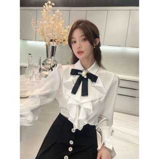 銷量第一名🎀2024女秋白色木耳邊長袖襯衫女秋法式外穿小眾設計感高檔氣質上衣 JGG1