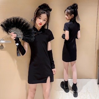 時尚同學🔔女童旗袍夏季新款兒童民國風裙子女大童國風高階黑色連衣裙春夏潮