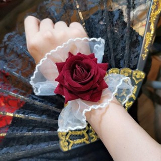 手腕套 手帶 唯美白色蕾絲彈性紅色花朵新娘荷葉邊手袖手腕花彈性洛麗塔山茶花 手鍊 手套 手袖 手環 手飾 飾品