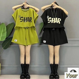 【Your】大尺碼套裝短袖套裝女生套裝夏天套裝大尺碼套裝女大碼時尚休閑服運動套裝女裝夏季減齡字母上衣顯瘦短褲兩件套夏