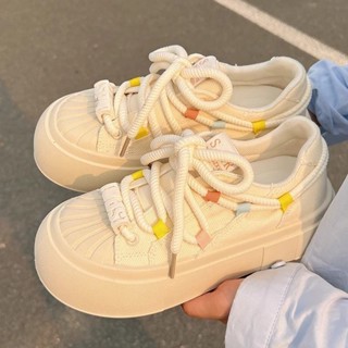 Cinderella 校園風薄款透氣ins學生百搭貝殻頭帆佈闆鞋 女鞋麵包鞋休閒鞋女 厚底鬆糕鞋 厚底小白鞋 增高厚底鞋