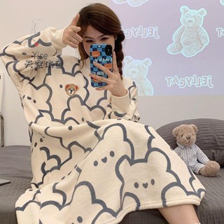 中長款睡衣女 珊瑚絨睡裙 可外穿 珊瑚絨睡裙女秋冬季中長款過膝睡衣加厚法蘭絨保暖孕婦春秋家居服