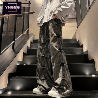 【YN686】臺灣出貨百褶牛仔褲復古美式風情高街褲男潮歐美品牌街頭水洗微喇叭直筒褲