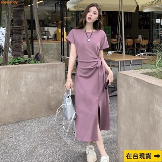 Miss推薦✈設計感法式短袖連衣裙子女夏季新款休閑氣質開叉綁帶t恤長裙洋裝連身裙