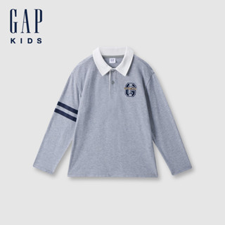 Gap 兒童裝 Logo純棉刺繡長袖POLO衫(1-14歲)-灰色(641912)