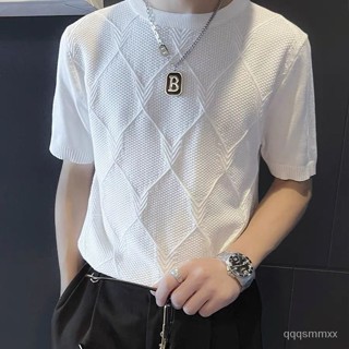 夏季男士短袖 新款菱形格圓領 百搭短袖 修身時尚 簡約提花 拚接T恤衫 T賉男 韓版T賉 T賉短袖男 潮男穿搭 韓係男裝