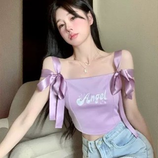 甜心公主Meet 👗女裝館綁帶蝴蝶結字母吊帶背心女純欲辣妹高腰短款無袖顯瘦刺繡氣質上衣