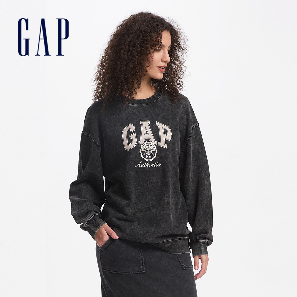 Gap 女裝 Logo純棉印花圓領大學T-黑色(637902)