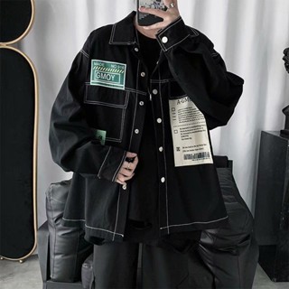 春秋季 日系 拼接 男士 牛仔夾克 潮流 青少年 寬鬆 工裝 外套 時尚 韓版 休閒風