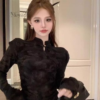 滿200出貨·純欲風打底衫內搭秋冬小眾新中式國風盤扣旗袍立領長袖t恤上衣女 中國風上衣 旗袍上衣 盤扣上衣 長袖t恤女