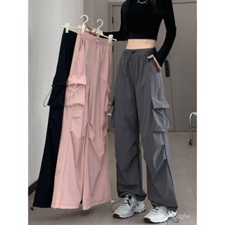S-3XL中大碼美式工裝褲子女寬鬆顯瘦ins百搭潮流大碼闊腿束腳褲運動褲休閒褲春秋遮肉工裝褲抽繩鬆緊褲粉色長褲百搭工裝褲