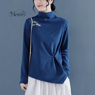 半高領雙面德絨打底衫女復古刺繡秋冬中國風收腰顯瘦盤扣長袖上衣 大尺碼T恤 長袖上衣 民族風上衣 禪意茶服 文藝T恤 盤扣