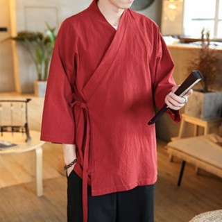 速幹防曬衫男|棉麻七分袖上衣|禪意道袍側開襟漢服|田園居士外套|古裝七分袖開衫|樸素傳統文化襯衫|韓係穿搭夏天|韓版衣服
