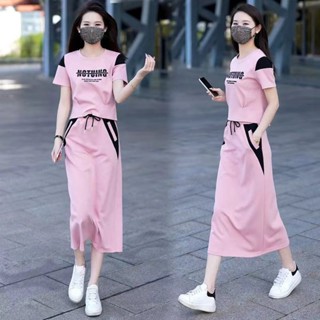 大碼套裝 個人套裝 休閑裝💕夏季休閑運動套裝裙女2024新款時尚洋氣減齡短袖上衣半身裙兩件套