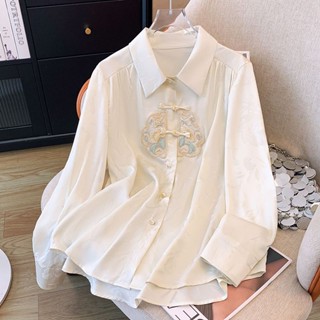 新中式國風刺繡盤扣襯衣女襯衫春裝高階感國潮可搭配馬面裙上衣 新中式 中國風上衣 長袖襯衫 復古 國風襯衫 襯衫女 大尺碼