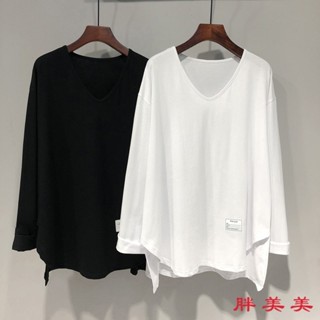 【M-5XL大尺碼】大尺碼上衣 長袖T恤 胖子 寬鬆顯瘦 大碼女裝 春裝新款開叉T恤女疊穿長袖打底衫V領300斤寬鬆大碼