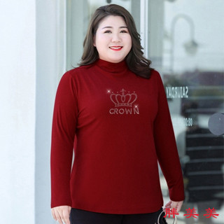【M-5XL大尺碼】大尺碼上衣 長袖T恤 胖子 寬鬆顯瘦 大碼女裝 加肥加大德絨鑲鑽胖媽媽260斤半高領打底衫女秋冬百搭
