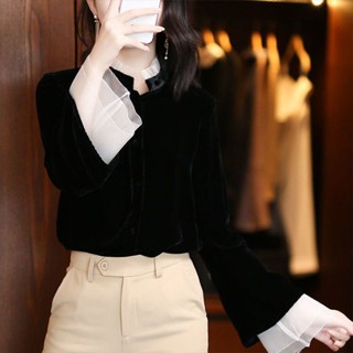 中國風上衣女 歐貨洋派小衫高階金絲絨襯衫女2024春秋新款法式上衣氣質立領襯衫 新中式上衣 長袖襯衫女 大尺碼春秋長袖女