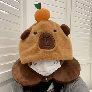 卡比巴拉u型枕🎀 可愛醜萌u型枕毛絨便攜旅行午睡枕遮光助眠護頸枕 連帽頸枕 卡通頸枕 趴睡枕 護頸枕 飛機枕 連帽u型枕