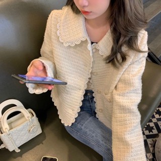 奶油溫柔娃娃領短款小香風外套女2021秋款韓版小個子氣質編織上衣韓版 薄外套 百搭外套 短版外套 長袖上衣 上衣 寬鬆