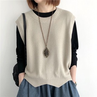 大尺碼外套 背心外套 冬天馬甲 羽絨背心女 羽絨外套 外穿背心 針織馬甲女背心春季純色寬松圓領不規則套頭短款馬夾坎肩外搭