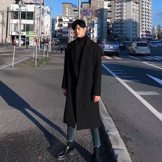 泰褲辣 高質感 韓國長版大衣 大衣外套男 春季風衣男士長款外套 冬季男士毛呢大衣潮流加厚韓版寬鬆呢子風衣男中長款雙排