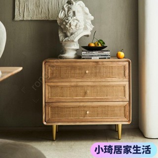 【熱銷】北歐實木三鬥櫃簡約現代儲物櫃臥室多功能床頭櫃藤編收納櫃子民宿XQJX