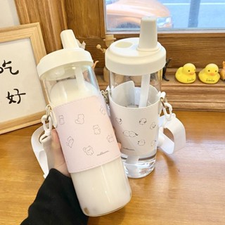 可愛水杯🎀 高顏值可愛貓貓大容量隨行吸管玻璃杯女生斜跨隔熱杯ins風奶茶杯