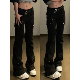 【夢卡dream】美式 復古 口袋工裝褲 微喇牛仔褲 牛仔褲女 秋季女裝 修身 顯瘦 喇叭褲 休閒褲 女褲