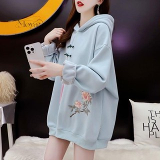 大碼女裝秋冬新款顯瘦寬松中國風加絨加厚連帽衛衣國潮刺繡設計感 大學t 長袖衛衣 長袖大學T 大尺碼上衣 寬鬆上衣 新中式