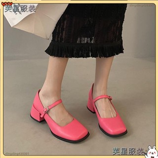 🌸臺灣限時低價🌸❤❤韓國 銀色 一字扣 瑪麗珍鞋 百搭 方頭 淺口 粗跟 單鞋 氣質 時尚 中跟 小皮鞋LWL