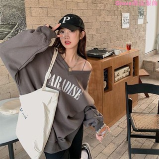 大尺碼~衛衣女潮ins設計感小眾V領上衣2021新款秋季寬松韓版BF慵懶風外套長袖上衣 長袖t恤女裝秋冬寬鬆上衣顯瘦上衣