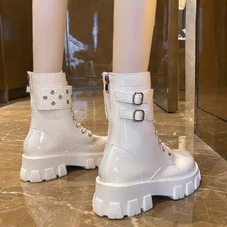 💕洋洋洋鞋店💕馬丁靴 短靴 趙麗穎衕款馬丁靴女 春秋新款韓版ins厚底粗跟前係帶機車靴子 中筒靴 女靴 機車靴 厚底短靴