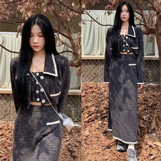 點心喵 畢旅穿搭 美拉德穿搭 秋天穿搭 早秋穿搭 藏不住的套裝 三件套小香風翻領花邊短拚接外套吊帶高腰半身裙女針織套裝