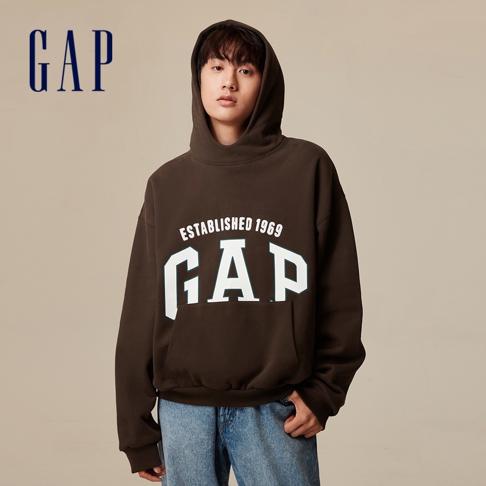 Gap 男裝 Logo印花帽T 碳素軟磨系列-深棕色(762528)