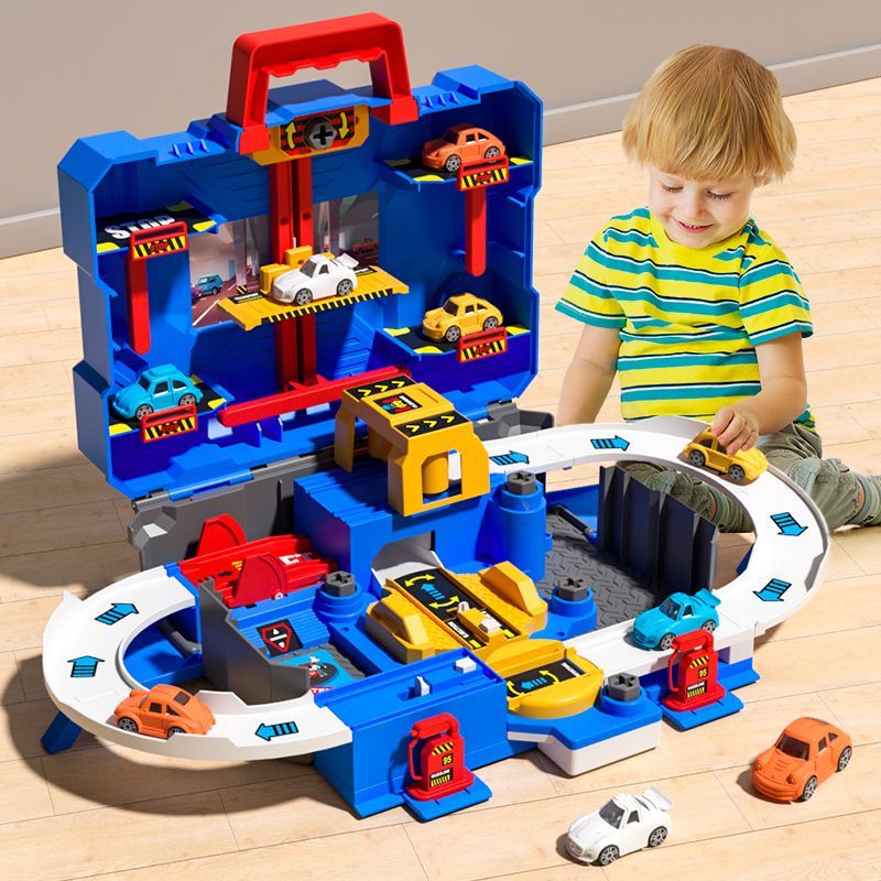 軌道車 軌道車玩具 火車玩具 火車軌道玩具 兒童工具箱變形軌道玩具汽車闖關大冒險收納手提箱城市軌道車套裝
