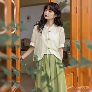 春令夏晚 中式套裝 禪風 民國風 復古 茶係 夏季 中國風襯衫短袖女夏季新中式套裝改良日常漢服盤扣上衣半身裙顯瘦 女裝