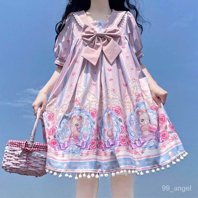 原創設計Lolita甜熊罐頭洋裝 可愛海軍領短袖連身裙 學生洋裝 洛麗塔連衣裙