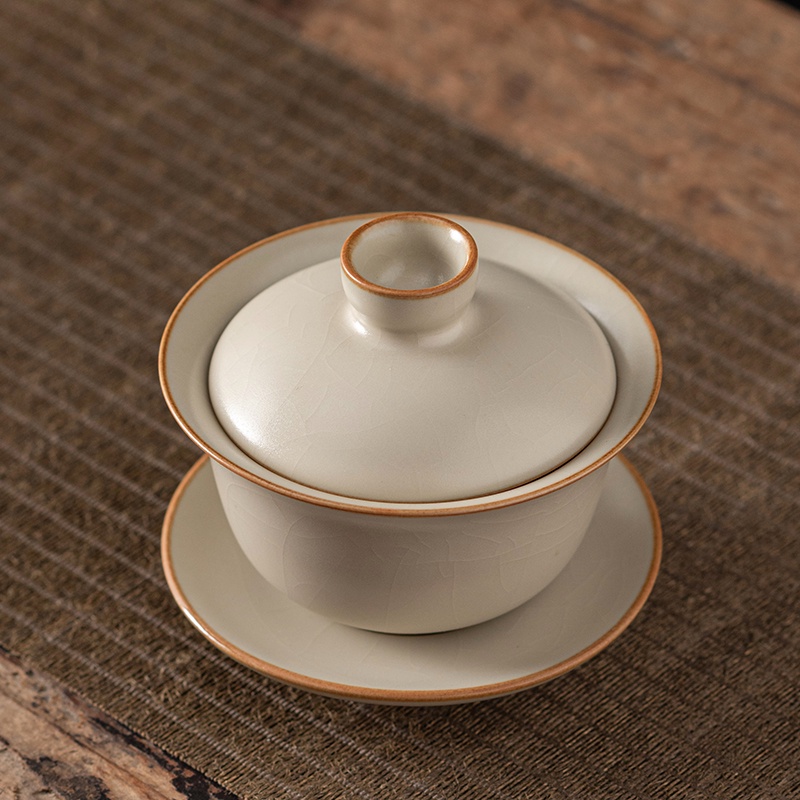 蓋碗 米黃 汝窯 三才 蓋碗 茶杯 單個 功夫 茶具 家用 茶盞 陶瓷 泡茶 碗 開片 可養