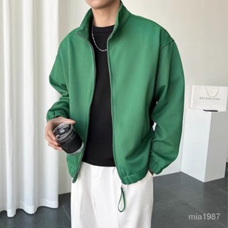 【優選好物】高階感綠色針織開衫夾剋男立領痞帥潮流薄款複古炸街上衣休閒外套 52JN