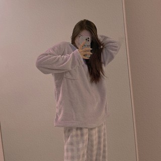 Xuan♥珊瑚絨ins睡衣女秋冬長袖加絨加厚印花甜美法蘭絨可愛家居服套裝