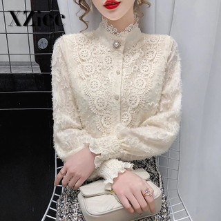 SY韓版襯衫高領上衣加絨上衣長袖上衣百搭打底上衣洋氣女士襯衣加絨加厚蕾絲打底衫女女生素色襯衫潮流襯衫