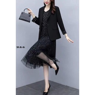 女裝洋裝 連身裙 大碼女裝胖mm套裝顯瘦黑色西裝外套女韓版寬松網紗連身裙 兩件套春