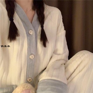 女裝睡衣 法蘭絨加厚睡衣 女年秋冬季新款珊瑚絨開衫保暖家居服兩件套裝