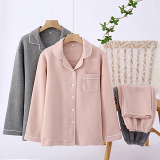 【廠家直銷】 新款家居服100%純棉空氣層情侶家居服套裝棉質秋冬加厚三層保暖加棉素色男女簡約睡衣 情侶睡衣