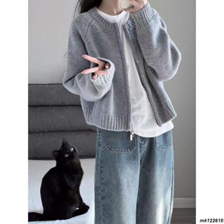 灰色短款毛衣外套女裝秋冬2023新款寬松加厚拉鏈開衫長袖針織上衣mk