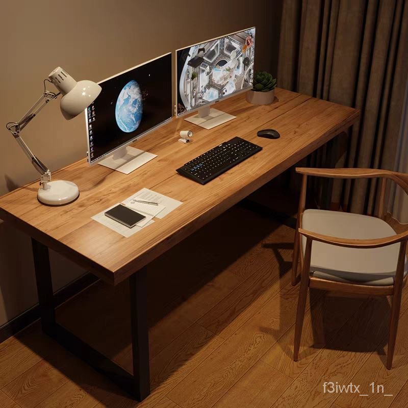 免運🤩美式實木電腦桌單人鐵藝原木書桌簡易遊戲電競桌辦公桌椅組閤傢用