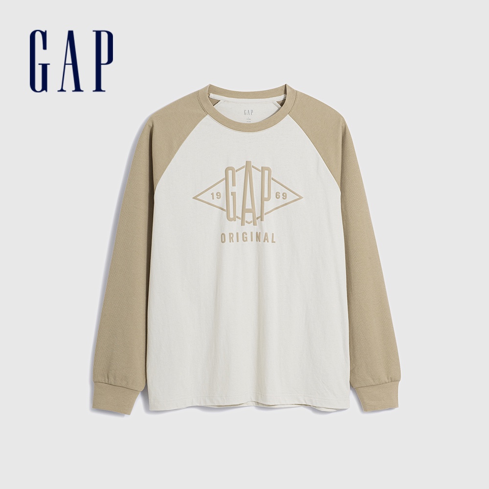 Gap 男女同款 Logo印花圓領長袖上衣-米白色(841247)