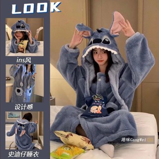 西西優選//史迪仔卡通情侶網紅風睡衣男女秋冬季珊瑚絨長款睡袍套裝男士加絨